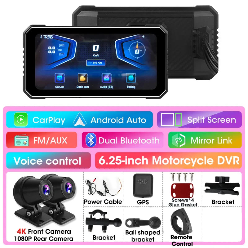 Motorcycle DVR 4K+1080P Dash cam 6.25" - Gibgas