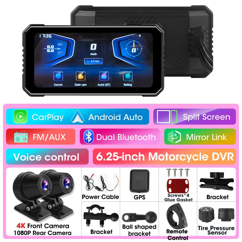 Motorcycle DVR 4K+1080P Dash cam 6.25" - Gibgas